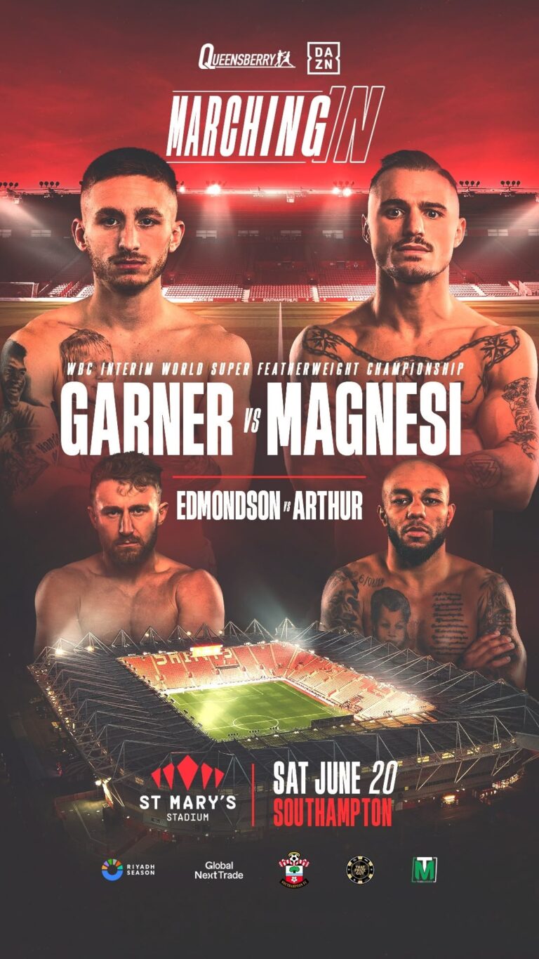 Promotional poster for a boxing event at St Mary's Stadium in Southampton, featuring images of four boxers and details for the WBC Interim World Super Featherweight Championship: Garner v Magnesi, Edmondson v Arthur, on Saturday, 20 June.