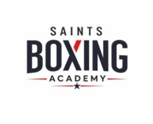 Logo for Saints Boxing Academy with bold black text. The letter I in Boxing is stylised with a red mark above it, and two red lines with a black star under the word Academy. White background.